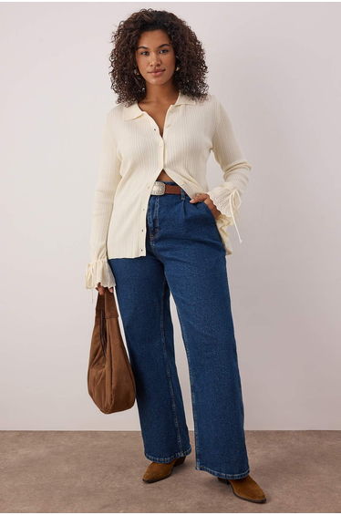 Ecru mercerized ribbed polo neck knit cardigan