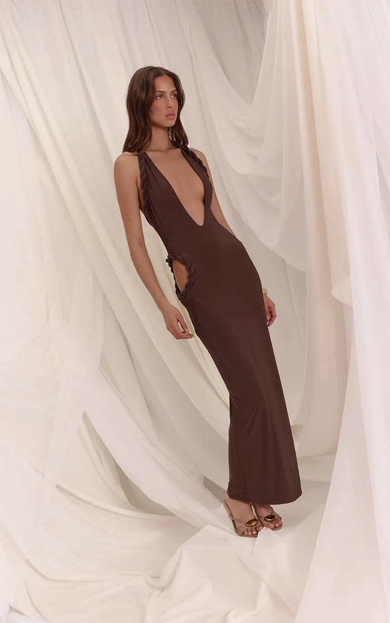 brown side cut out dress MISSGUIDED Glamorous Cutout Side Slit Maxi DressMISSGUIDED