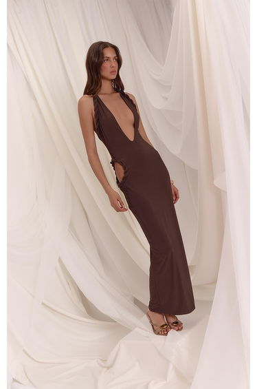 Chocolate Brown Slinky Plait Halterneck Plunge Cut Out Side Maxi Dress
