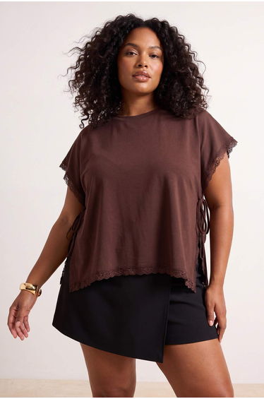 Brown Side Detailed Short/ Cropped Knitted Large Size T-Shirt with Tie-Detail Lace Details