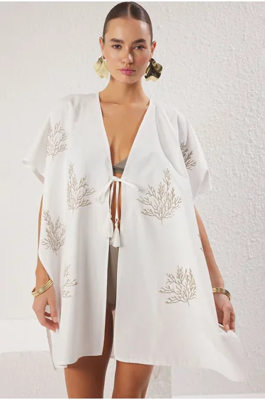 White Mini Woven Embroidered Beach Kimono&Caftan