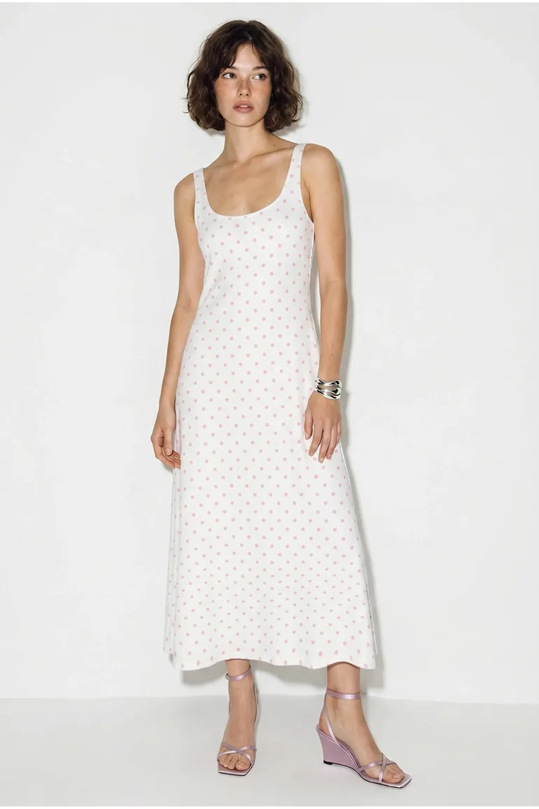 LUCCI Polka Dot Sleeveless Midi Dress With Tie Detail