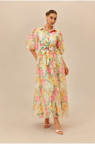 Lovely As Ever Multi Floral Print Lace Puff Sleeve Maxi Dress