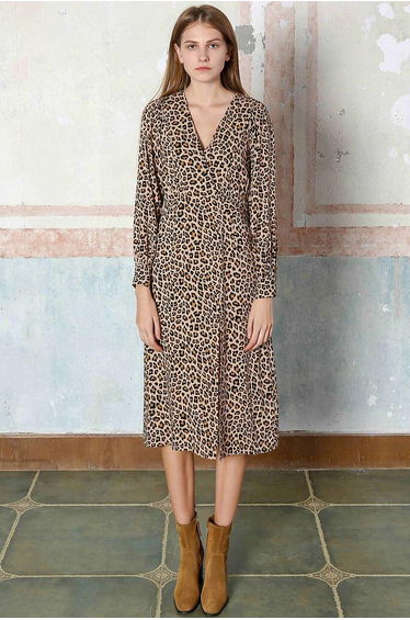 Animal Print Midi Dress with V-Neck and Long Sleeves