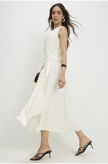 Cream Cowl Neck Asymmetric Midi Dress