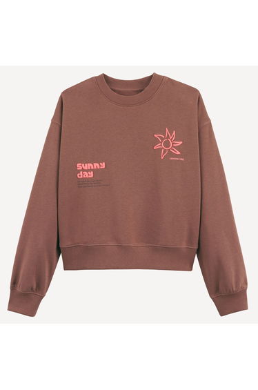Fleece Crew Neck Sweatshirt with Sun and Slogan Print