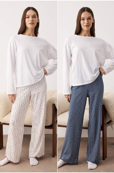 Navy Blue-White 2-Pack Floral Cotton Lycra Jersey Knitted Pajama Bottoms
