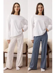 بنطلون بيجاما قطن بطبعة أزهار عدد 2 لون أبيض/أزرق