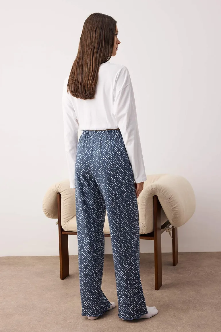 بنطلون بيجاما قطن بطبعة أزهار عدد 2 لون أبيض/أزرق - 6