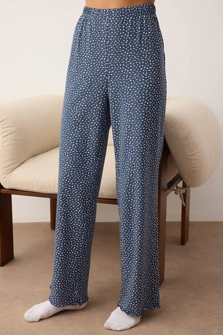 بنطلون بيجاما قطن بطبعة أزهار عدد 2 لون أبيض/أزرق - 5