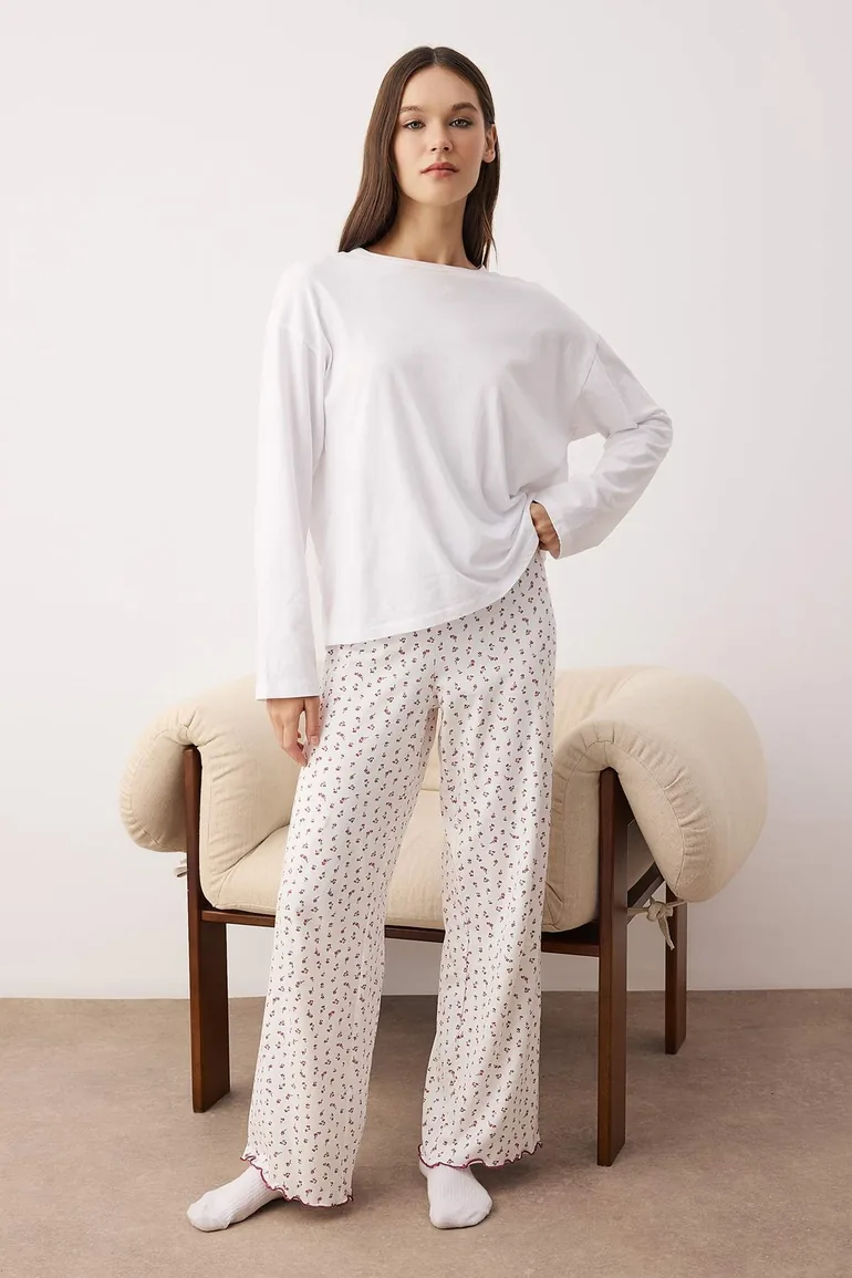 بنطلون بيجاما قطن بطبعة أزهار عدد 2 لون أبيض/أزرق - 1