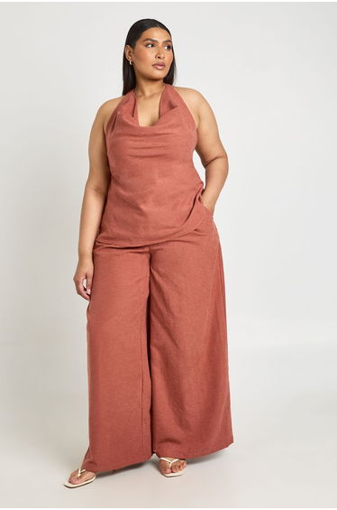 Plus Stripe Peached Elasticated Wide Leg Trousers - rust