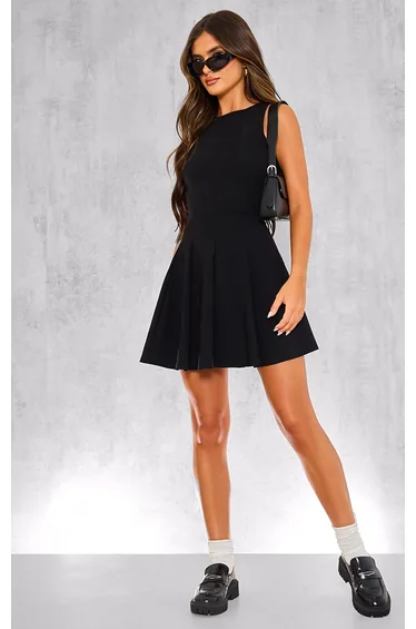 Black Stretch Woven Racer Pleated Shift Dress