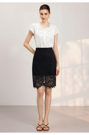 Ornate Floral Guipure Lace Overlay Pencil Skirt in Black for Afternoon Tea & Wedding Guest Events