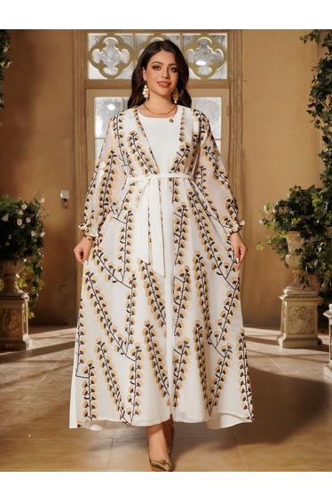 Cream Printed Abaya with Inner Maxi Dress