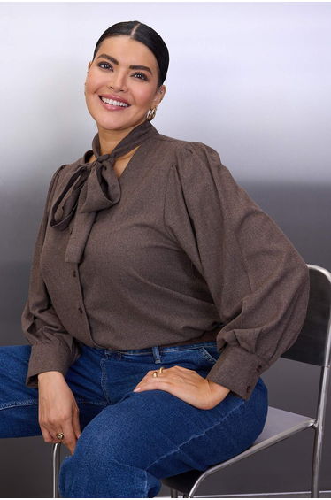 Special collection brown lace detailed woven plus size blouse
