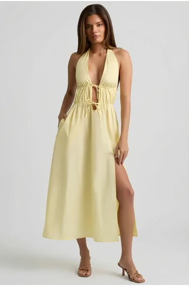 Backless Cotton-Poplin Maxi Dress in Lemon Yellow