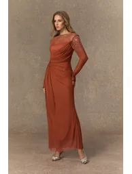 فستان سانفير شيفون برتقالي ماكسي بقصة مستقيمة بأكمام طويلة - 3