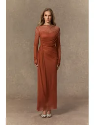 فستان سانفير شيفون برتقالي ماكسي بقصة مستقيمة بأكمام طويلة - 1