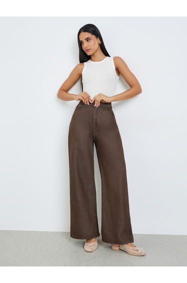 Women Coffee Brown Wide Leg High Rise Jeans