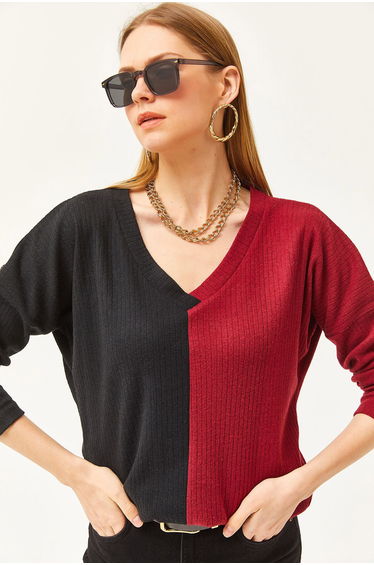Women's Black Burgundy Block Raised Loose Blouse