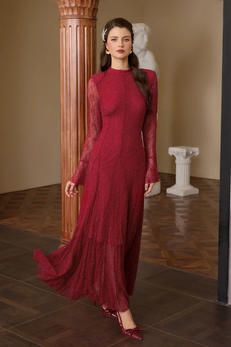 red rhinestone dress long sleeve Velvet Rhinestone Studded Long Sleeve Dress