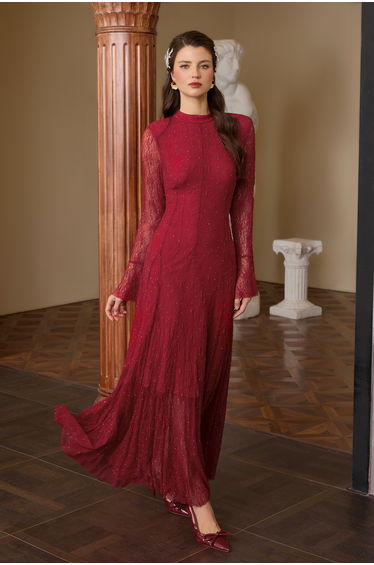 Lace Rhinestone Long Sleeve Maxi Dress