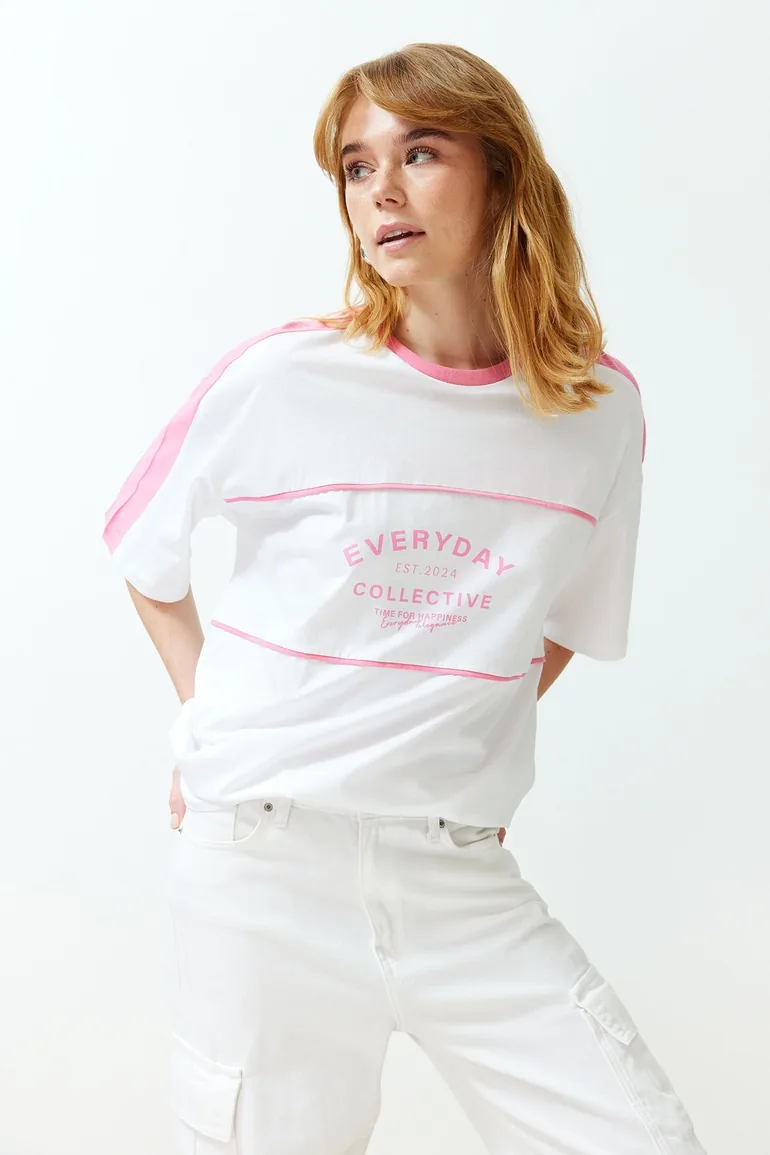 White 100% Cotton Color Block Slogan Oversize/Wide Fit Knitted T-Shirt