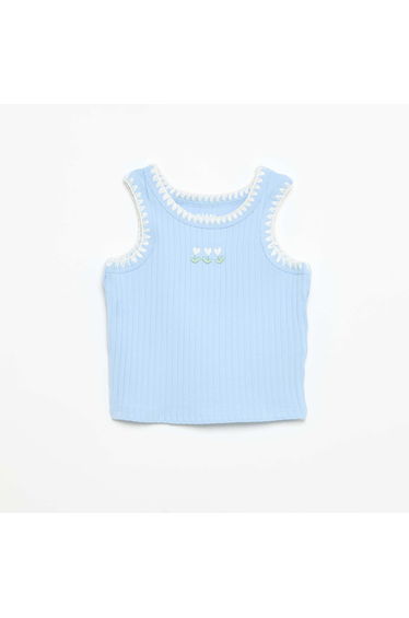 Ribbed Tank Top with Embroidered Armholes BLUE