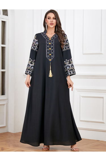 Women Black Embroidered A-Line Jalabiya