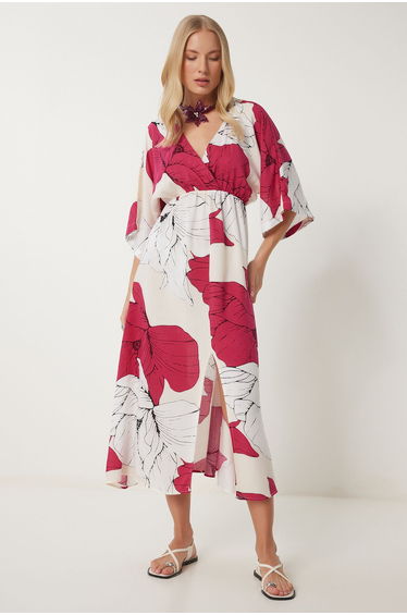 Women's Dark Pink White Wrap Collar Patterned Summer Viscose Dress