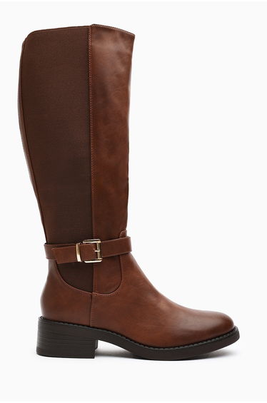 Miriam Wide Fit Brown Faux Leather Knee High Riding Boots With Side Buckle Strap