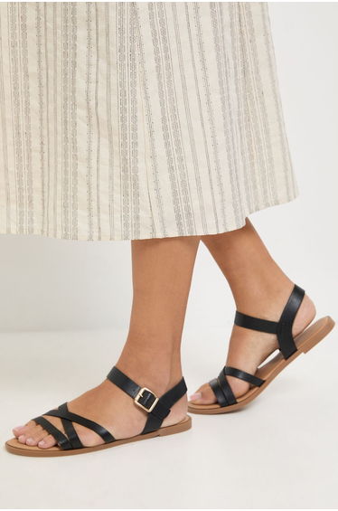Wide Fit Axela Faux Leather Cross Strap Padded Flat Sandals
