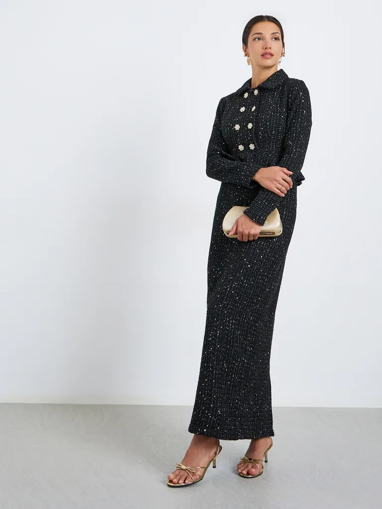 Women Black Tweed Double Breasted Blazer Maxi Dress Styli Black : Evening  Dresses : VogaCloset Qatar
