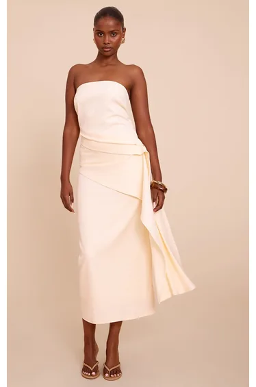 Butter Cream Woven Ruched Drape Detail Dress