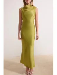 Oil Green Plain Weave Satin Midi Evening Dress & Graduation Dress - 2