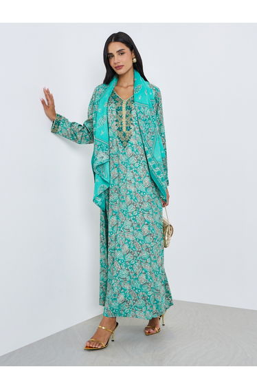 Women Blue Printed Embroidered Jalabiya with Scarf