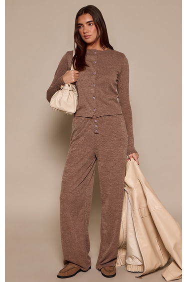 Mocha Marl Ribbed Shoulder Pad Long Sleeve Fitted Top