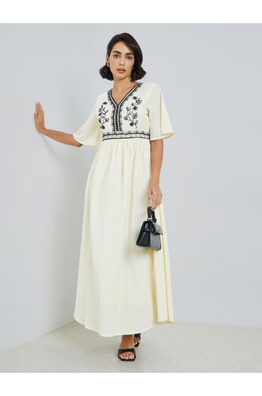 Women Cream Embroidered A-Line Maxi Dress