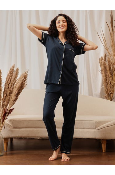 Navy Blue Solid Cotton Shirt and Pyjama Set