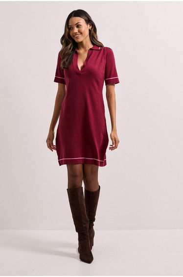 Berry V Neck Knitted Tipped Mini Dress