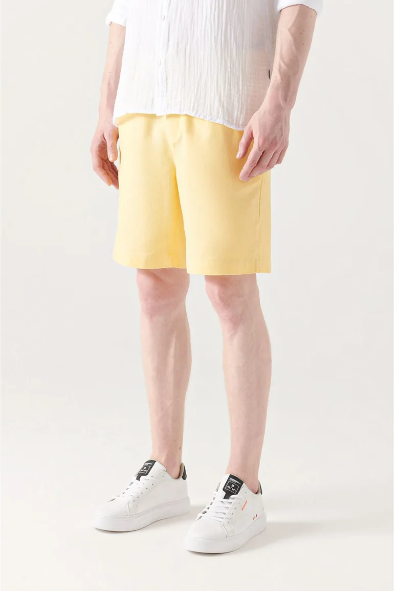 Cotton Shorts with Side Pockets, Elastic Waist, Linen Textured Relaxed Fit Shorts. - 1