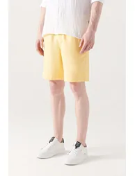 Cotton Shorts with Side Pockets, Elastic Waist, Linen Textured Relaxed Fit Shorts. - 1