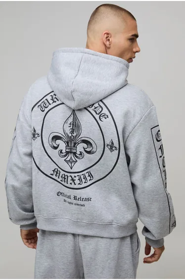 هودي بتصميم واسع عريض بسحاب بشعار مان - رمادي