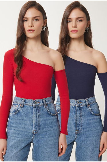 Women's Red Navy Blue Open Shouldered Ribbed 2-Piece Knitted Blouse