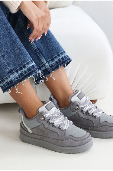 Lumina Grey Suede Low Top Trainer with mesh panel and Faux fur lining