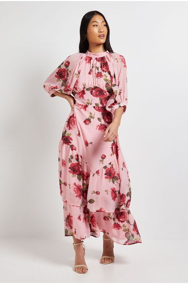 DP Luxe Petite Printed Floral Chiffon Empire Waist Tiered Frill Maxi Dress