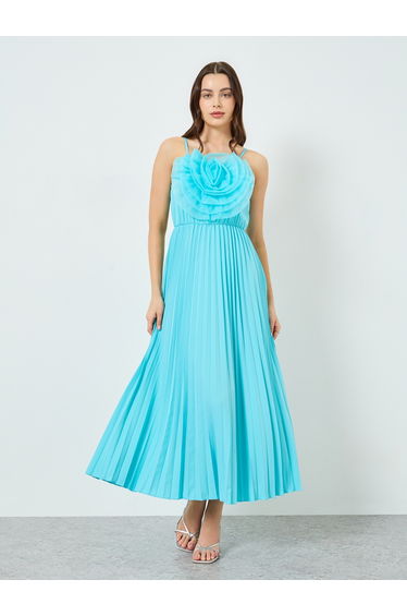 Women Teal Big Flower Detail Sleeveless Maxi Dress