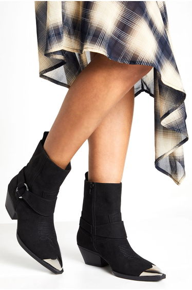 Faux Suede Silver Toe Cap Western Ankle Cowboy Boots - black