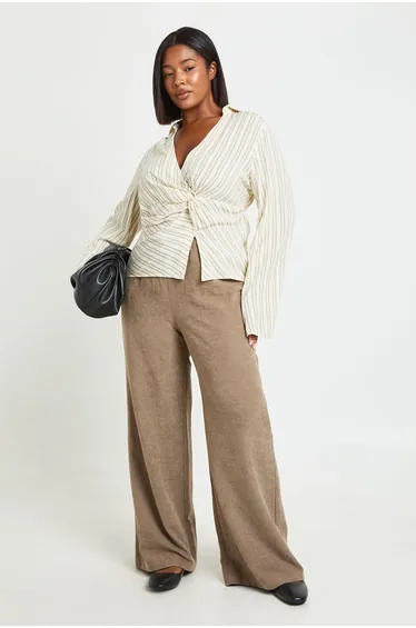 Plus Stripe Twist Front Cinched Shirt - cream